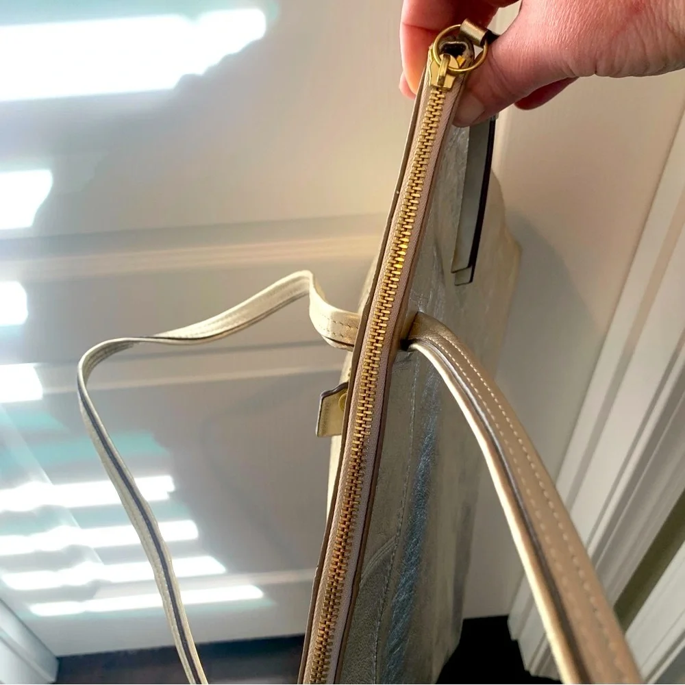 COACH Laura Leather Signature Print Tote Shoulder Bag Metallic Gold - Picture 11 of 16